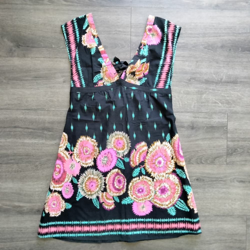 Forever 21 Black Pink Floral Print Deep V Neck Mini Sleeveless Dress Size M